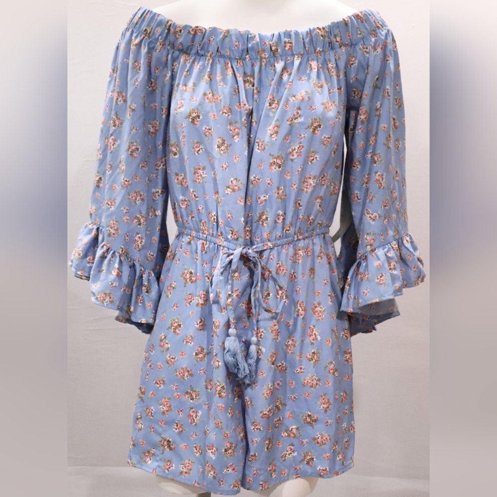 Blush | Blue Floral Off-Shoulder Romper